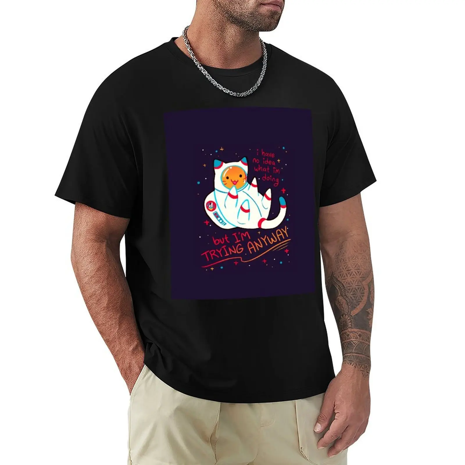 I'M TRYING ANYWAY Catstronaut T-Shirt Classic Basic Casual T-Shirt