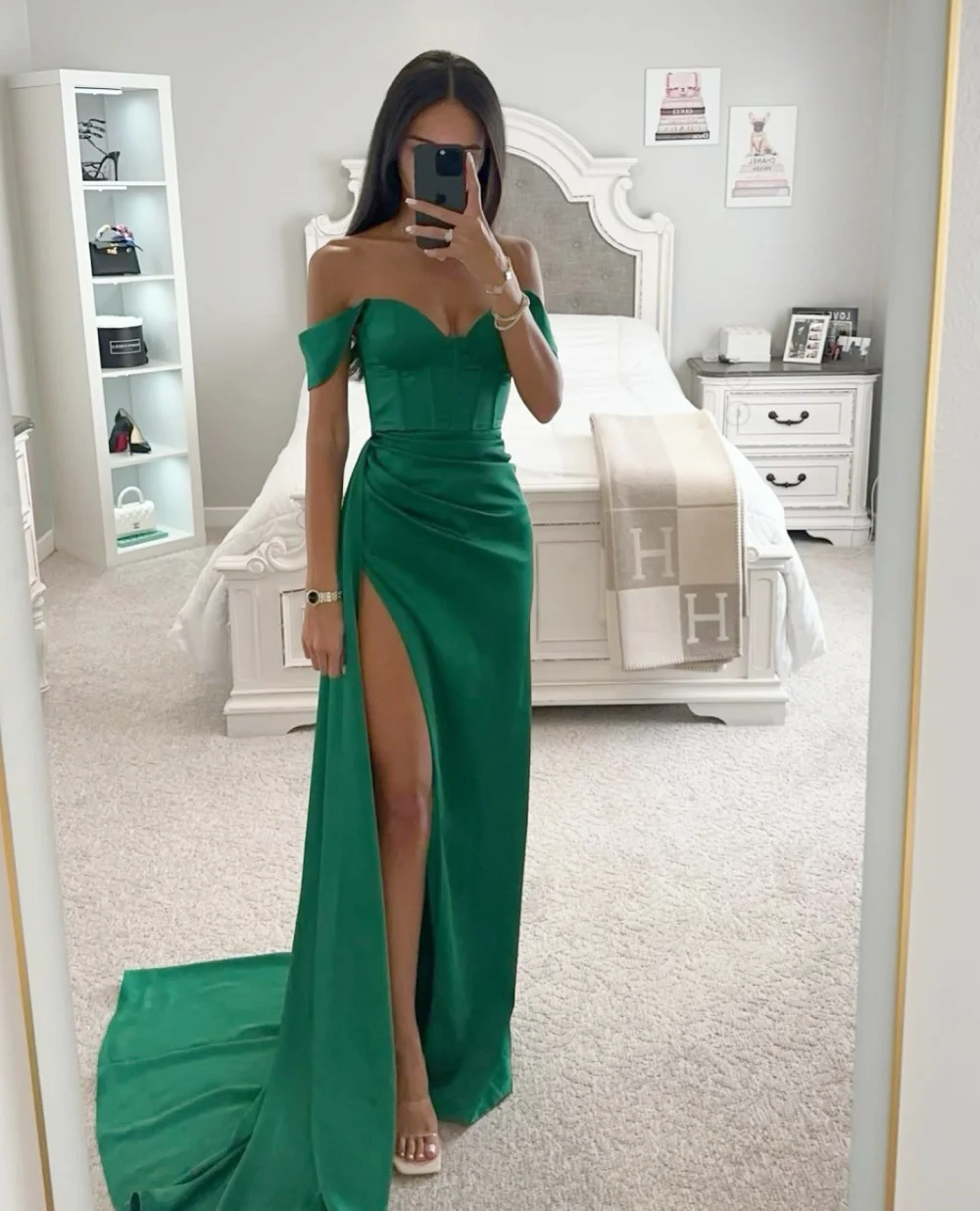 

Classic Off Shoulder Satin Mermaid Prom Dress Pleated With High Split Simple Special Occasion Evening Party Gown Custom