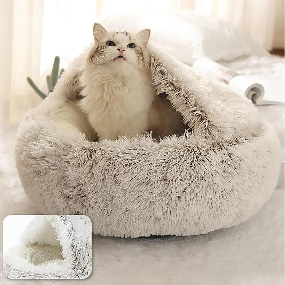 Long Soft Plush Round Cat Bed Comfortable Warm For Small Dogs Winter Sleep Bag Cats Nest Round Semi Enclosed Plush Pet Cat Bed