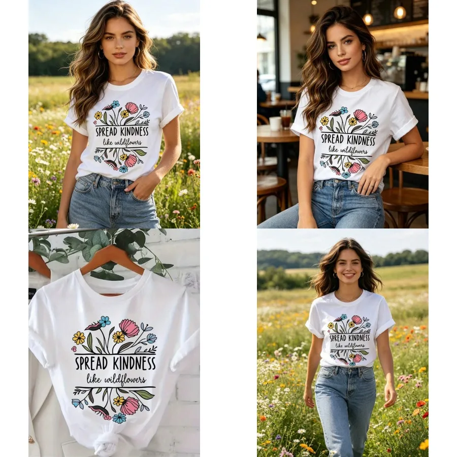 【Nuevo estilo】Camiseta para mujer con estampado de flores silvestres, linda camiseta blanca de manga corta con cuello redondo y mensaje pirólico