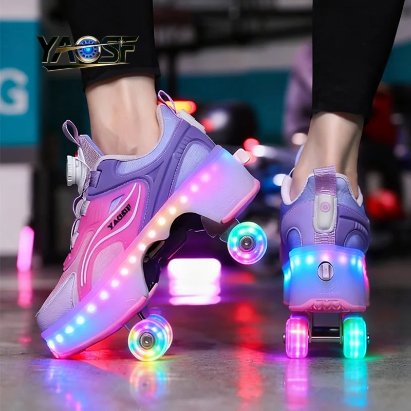 Upgraded version of children's and teenagers' roller skates with illuminated wheels and one click retractable roller skates