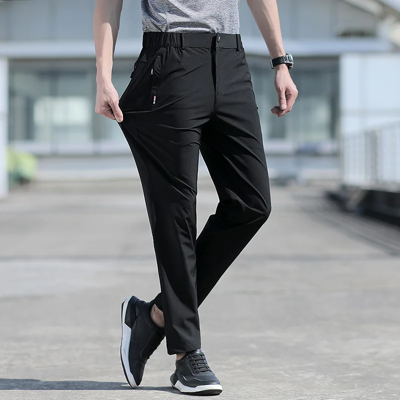 

Large Size Men's Summer Pants Big Size Ice Silk Stretch Breathable Straight Leg Pants 6XL Quick Dry Elastic Band Black Trousers