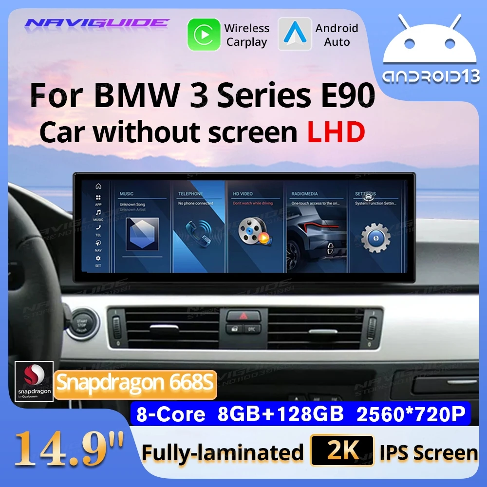 NAVIGUIDE 14.9'' Android13 Wireless CarPlay Auto For BMW 3 Series E90 NO Screen LHD 2006-2010 Car Multimedia Player GPS Headunit