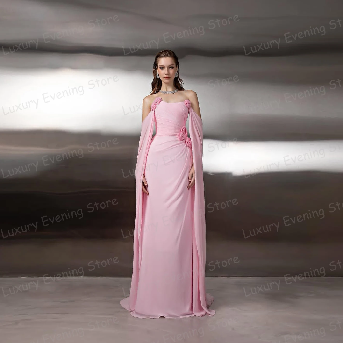 

Simple Pink Evening Dresses Woman Mermaid Sexy Shawl Flowers Prom Gowns Sleeveless Fashion Party Vestidos De Novia Customized