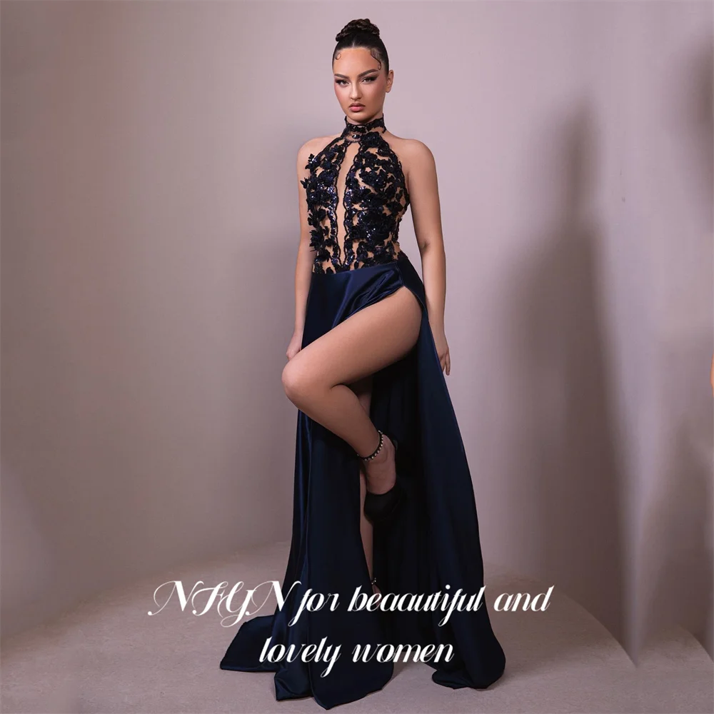 

NFYN Navy Blue Formal Gown Halter Neck Prom Dresses with Floral Bodice Evening Dress Sexy High Side Slit Modern Style Customized