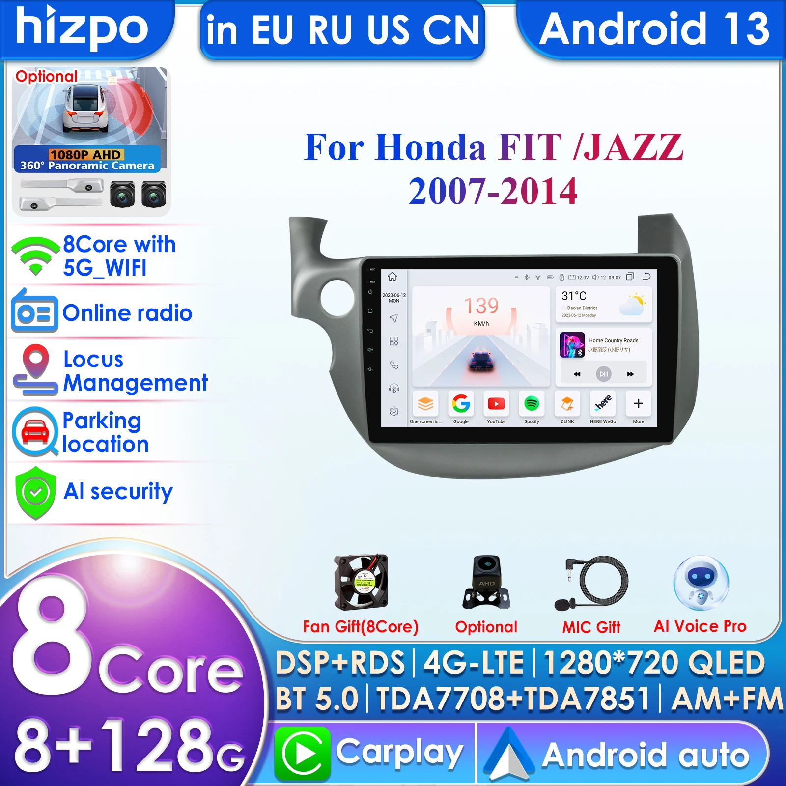 2din Android Car Radio Stereo For Honda Jazz Fit 2007-2013 Left Right Stereo Multimedia Video Player Carplay Auto GPS Navigation