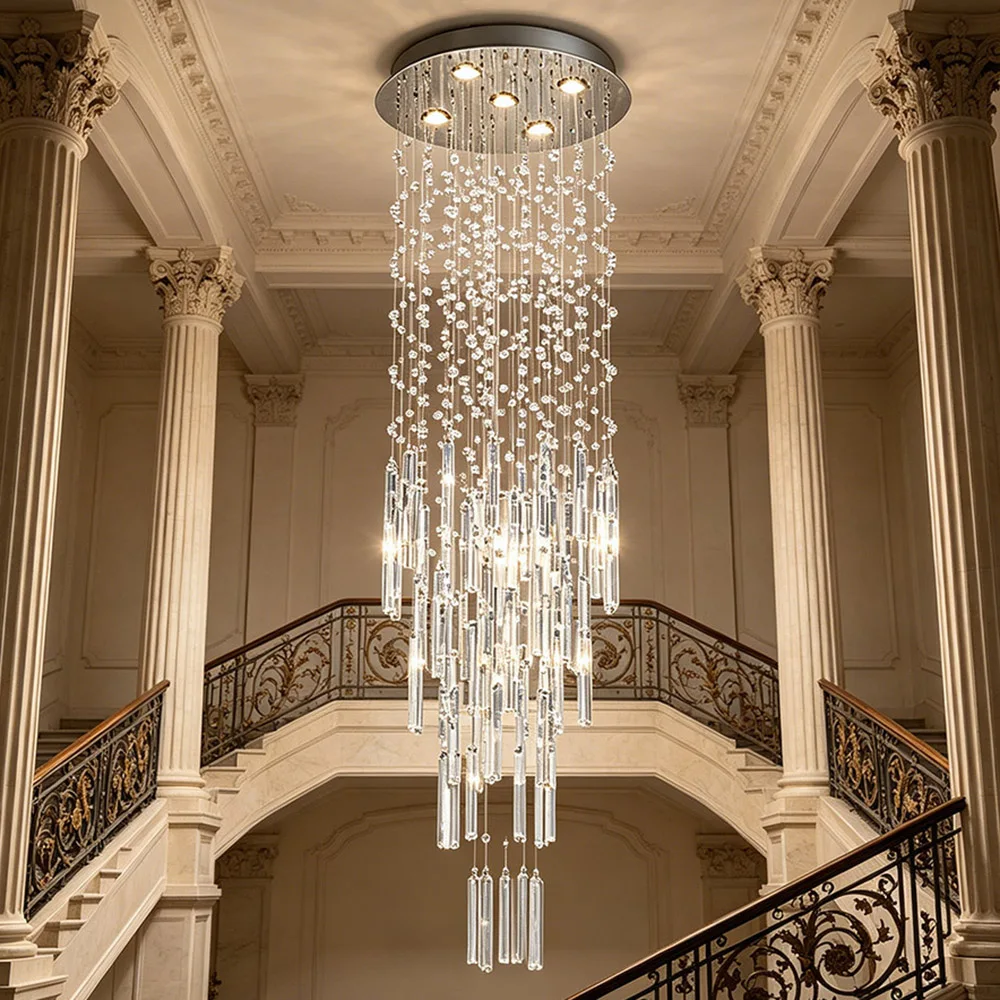 

Modern Long Crystal Chandelier For High Ceiling Villa Staircase LED Raindrop Hanging Light Duplex Loft Foyer Ceiling Lamp