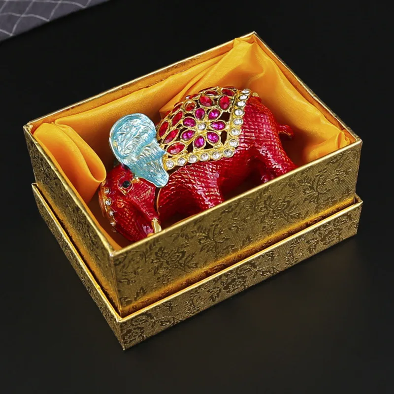 Enamel Lucky Elephant Trinket Box Vintage Hand Painted Ring Jewelry Organizer Figurine Collectible Keepsake Home Decor