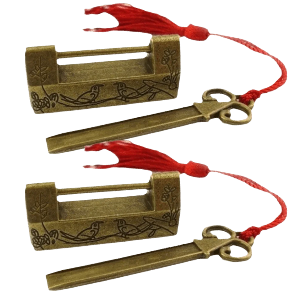 4pcs Bronze Finish Chinese Style Padlock Mini Size With Matching Keys Magpie Flowers Padlock Red Tassel Accessory