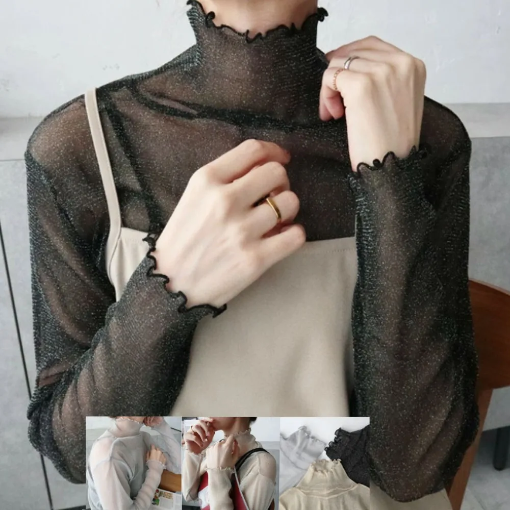 

AliExpress Sexy V-Neck Long Sleeve Women's T-Shirt Sheer Mesh Shiny Top