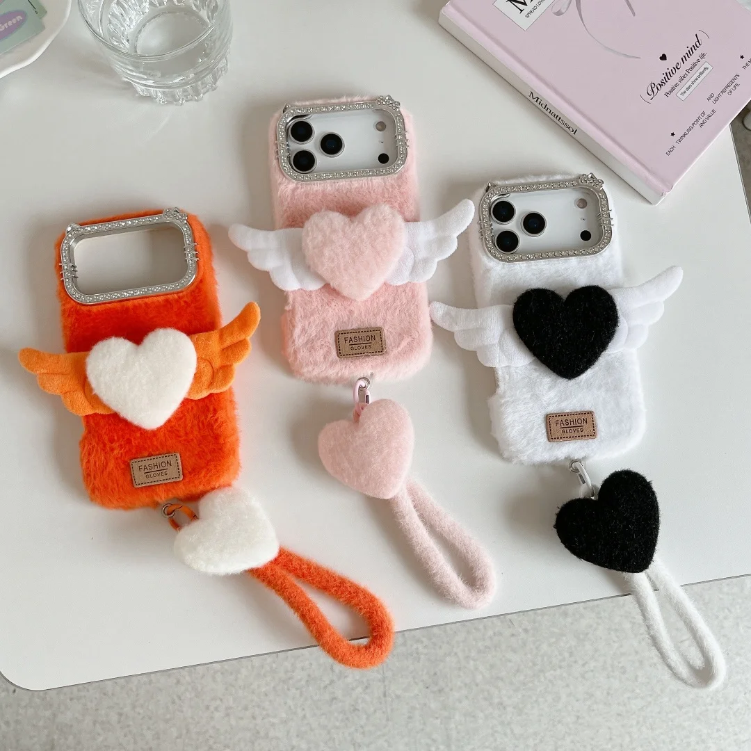 

3D Angel Wing Love Heart Phone Case For iPhone 17 16 15 14 13 Pro Max 17 Air 14 Plus Warm Soft Plush label Protection Cover