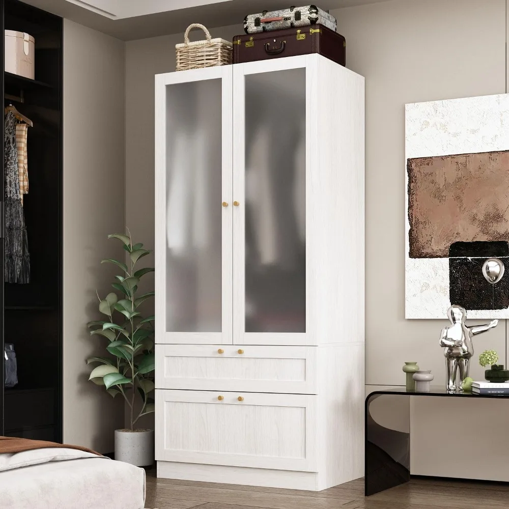 

Corner Wardrobe Closet with Glass Doors, Armoire Wardrobe Closet with Hanging Rod, for Bedroom Wood Grain