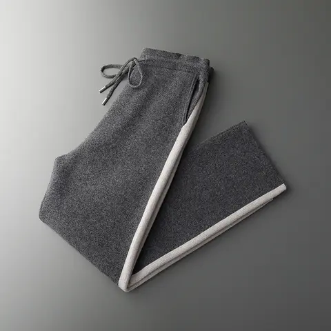 New Men's 100% Merino Wool Wide Leg Pants Autumn Winter Thick Soft Jacquard Cashmere Knit Trousers Smart Casual Style Men Pants