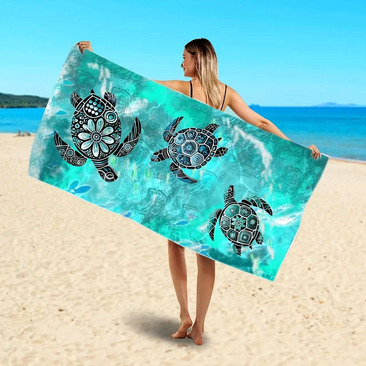 This Beach Towel, Inspired by Ocean, Features a Beautiful Design of Three Sea, with a Refreshing Blue-green Color
