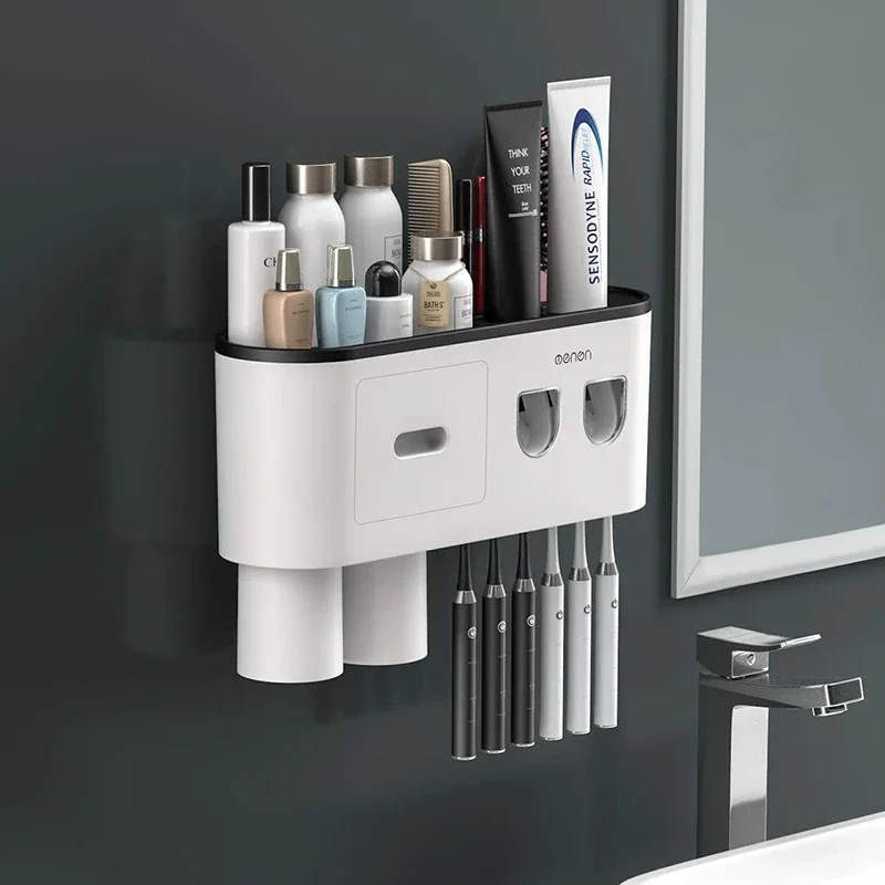 Magnetic Adsorption Inverted Toothbrush Holder Wall-mounted Double Automatic Toothpaste Dispenser Rack Bathroom Accessories