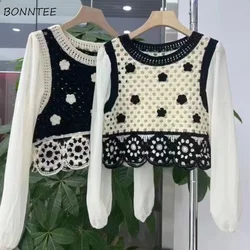 Fake 2 Pcs Blouses Women Hollow Out Designed Sweet Heart Girls Leisure O-neck Crop Patchwork Streetwear New Summer Chic Vintage