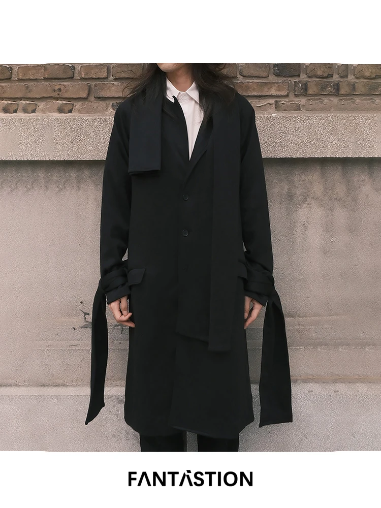 

FANTASTION Original design Woolen Double-layer scarf collar Casual coat Minimalist style Overcoat Jackets black Trench coat tops