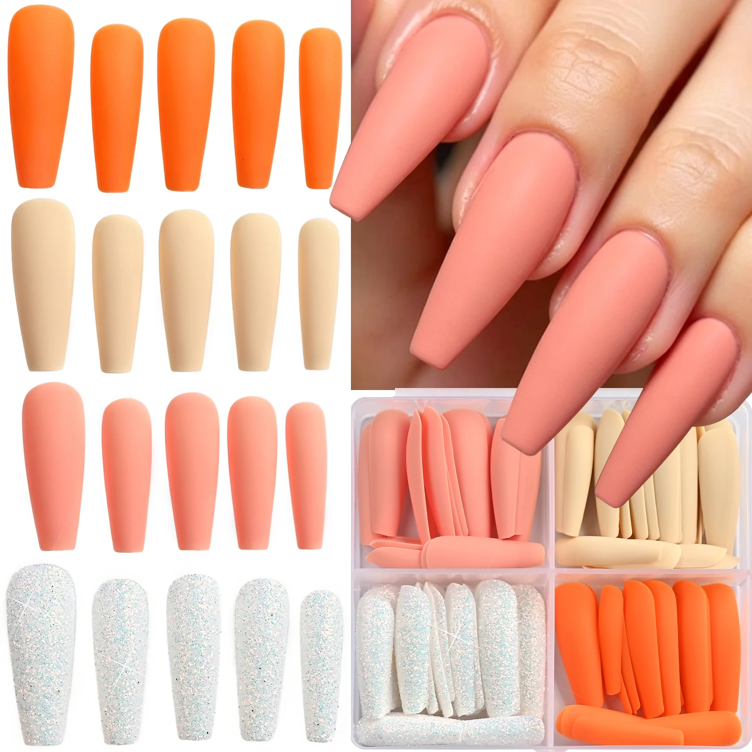 96Pcs/Box Long Coffin Press On Nails Orange Nude Pink White Glitter Ballerina Fake Nail Long-Trapezoid Wearable False Fingertips