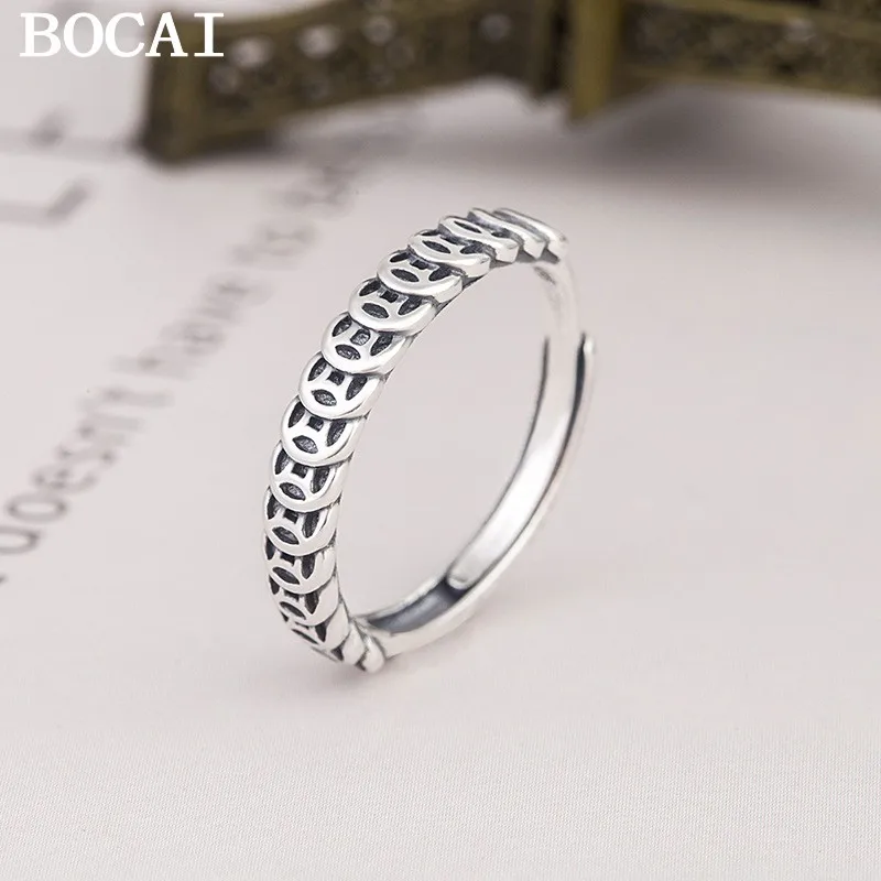 

BOCAI New S925 Silver Jewelry Retro Thai Trendy Fashion Hollow Coin Ring for Men and Women Good Luck Gift