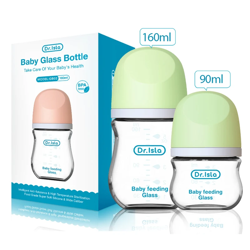 Dr.isla 2PCS Newborn Glass Bottles 90/160ML Anti-Choke Baby Bottle Anti-flatulence Milk Feeding Bottles Infant BPA Free 0-6Month