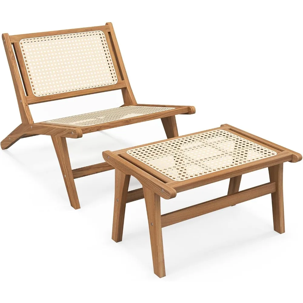 new Mid Century Modern Accent Chair with Ottoman, Farmhouse Handwoven Rattan Living Room Chair with Teak Wooden Frame for Indoor