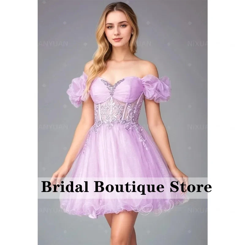 Elegant A-Line Lilac Prom Dress Off Shoulder Sweetheart Pleats Beading Party Gowns Above Knee Evening Dress Customized