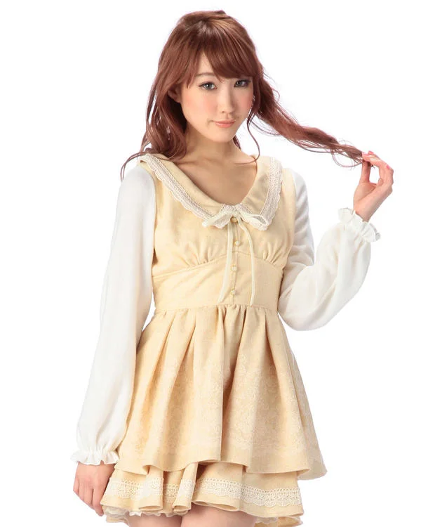 SALES Export To Japan Liz Lisa Flocking Knitted Lace Embroidery Long Sleeve Thick Mini Dress