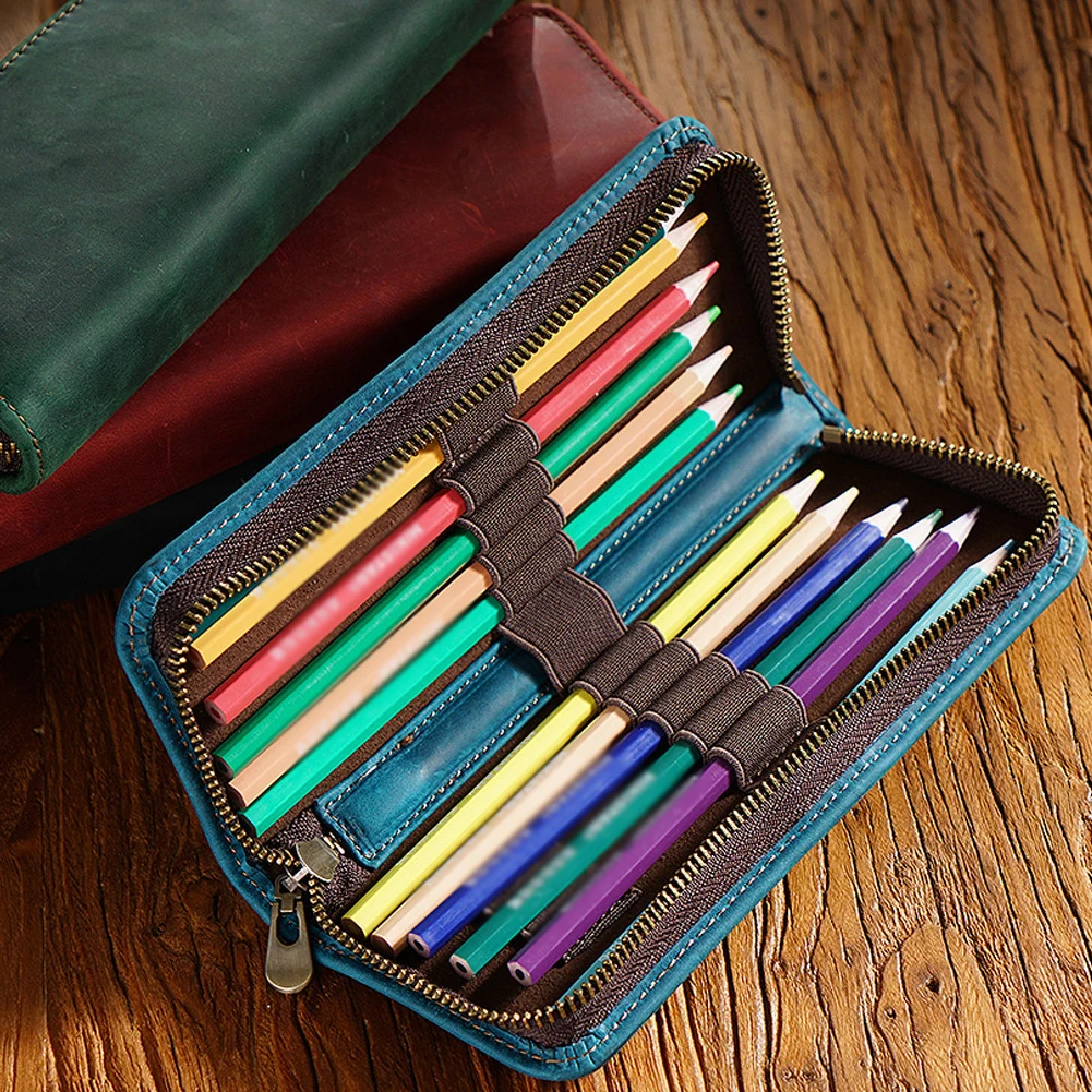 Genuine Leather Square Zipper Pen Case Large Capacity 9-slot Pencil Box Retro Student Pencil box