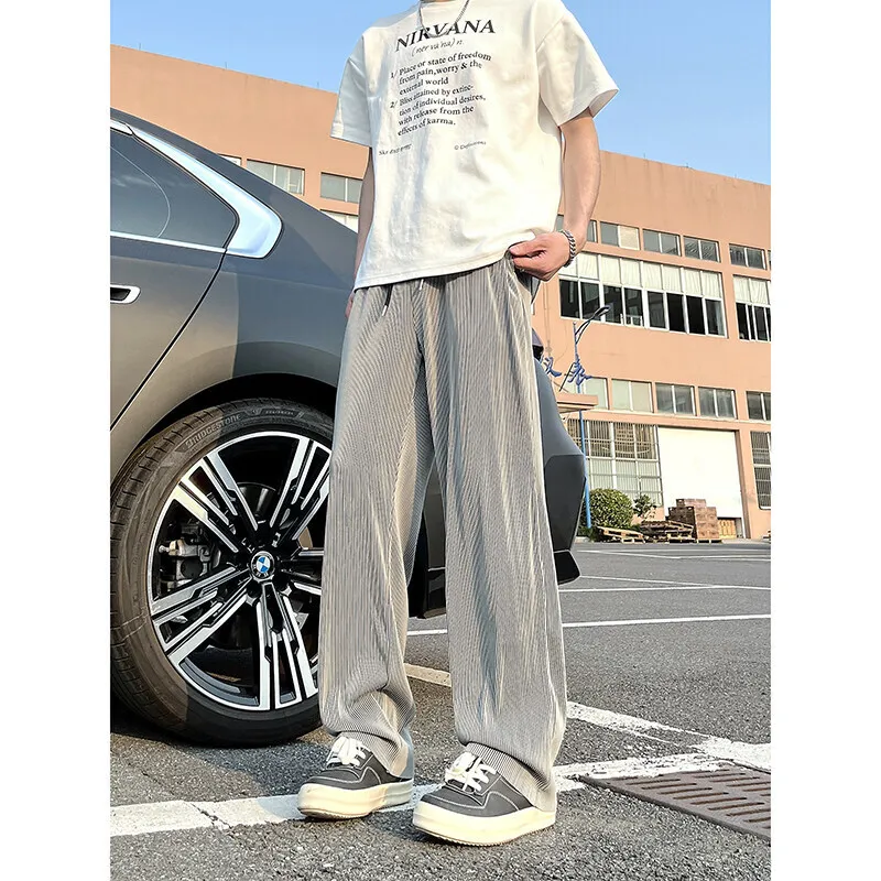 Summer Casual Pants Men Fashion Gray Wide Leg Pants Men Streetwear Korean Loose Ice Silk Pants Mens Pleated Pants Man Trousers
