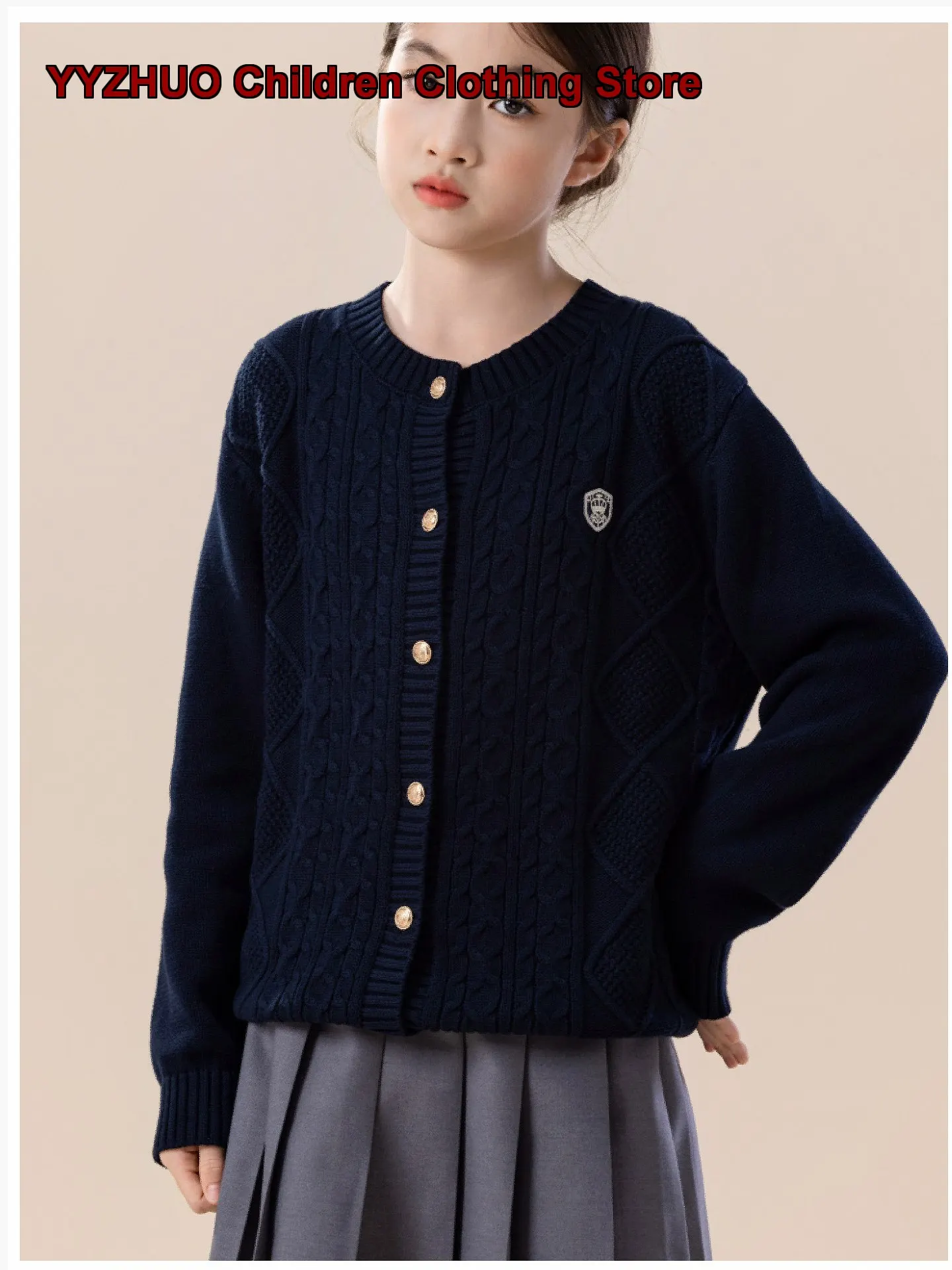 Girls College Style Knit Cardigan 2026 Spring Autumn Pure Cotton Striped Knit Top Solid Color Kids Older Kids
