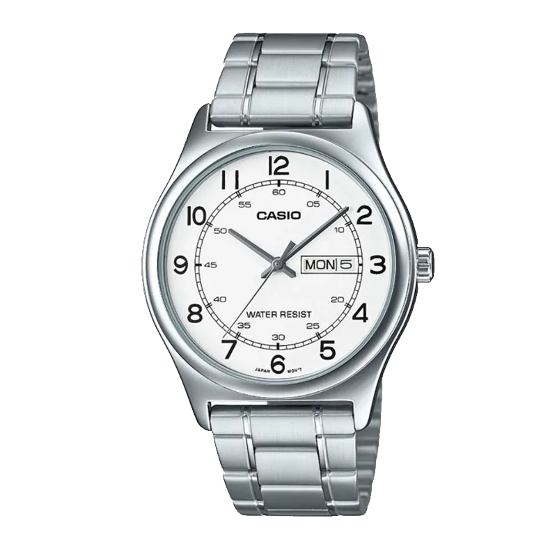 CASIO MTP-V006D Men's Everyday Dress Watch,white Dial, Day/Date Window, 30M Water Resistant, Stainless Steel Band