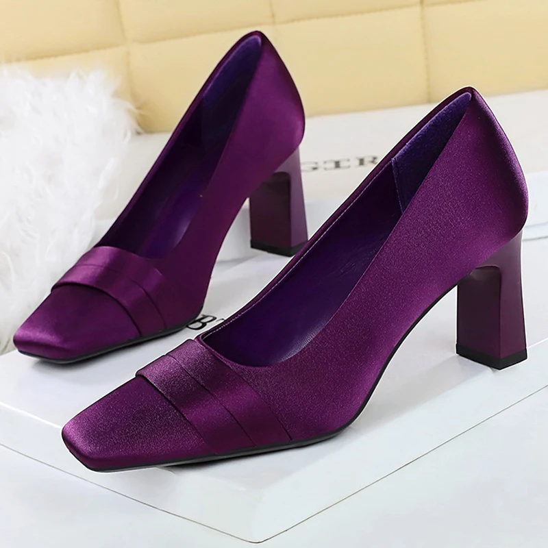 BIGTREE Shoes Square Head Women Pumps Silks Satins High Heels Banquet Dress With Bridesmaid Shoes Chunky Heel Ladies Shoes New