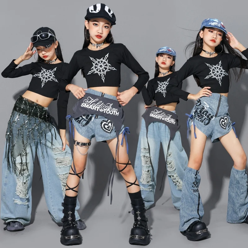Abbigliamento Kpop per ragazze Costume da ballo jazz Bambini Maniche lunghe Abbigliamento da strada Top neri Jeans Abiti da performance Hip Hop BL17104