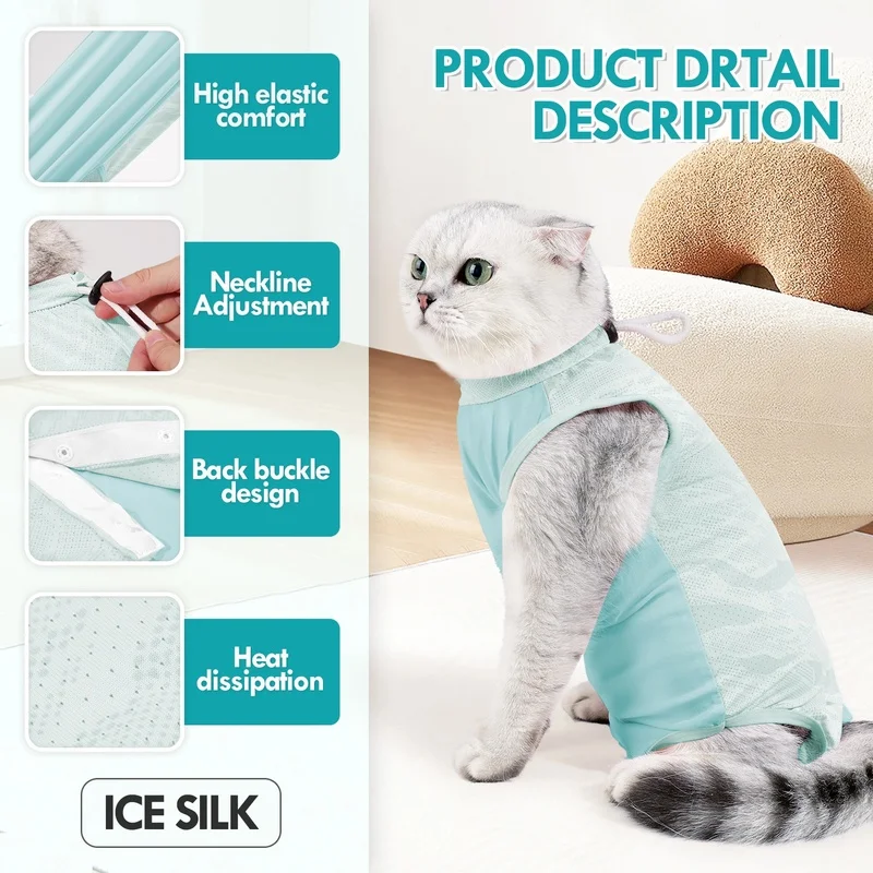 Cat Recovery Suit Ice Silk Cotton Snap Button-Licking Spay Neuter Weaning Lightweight S/M/L