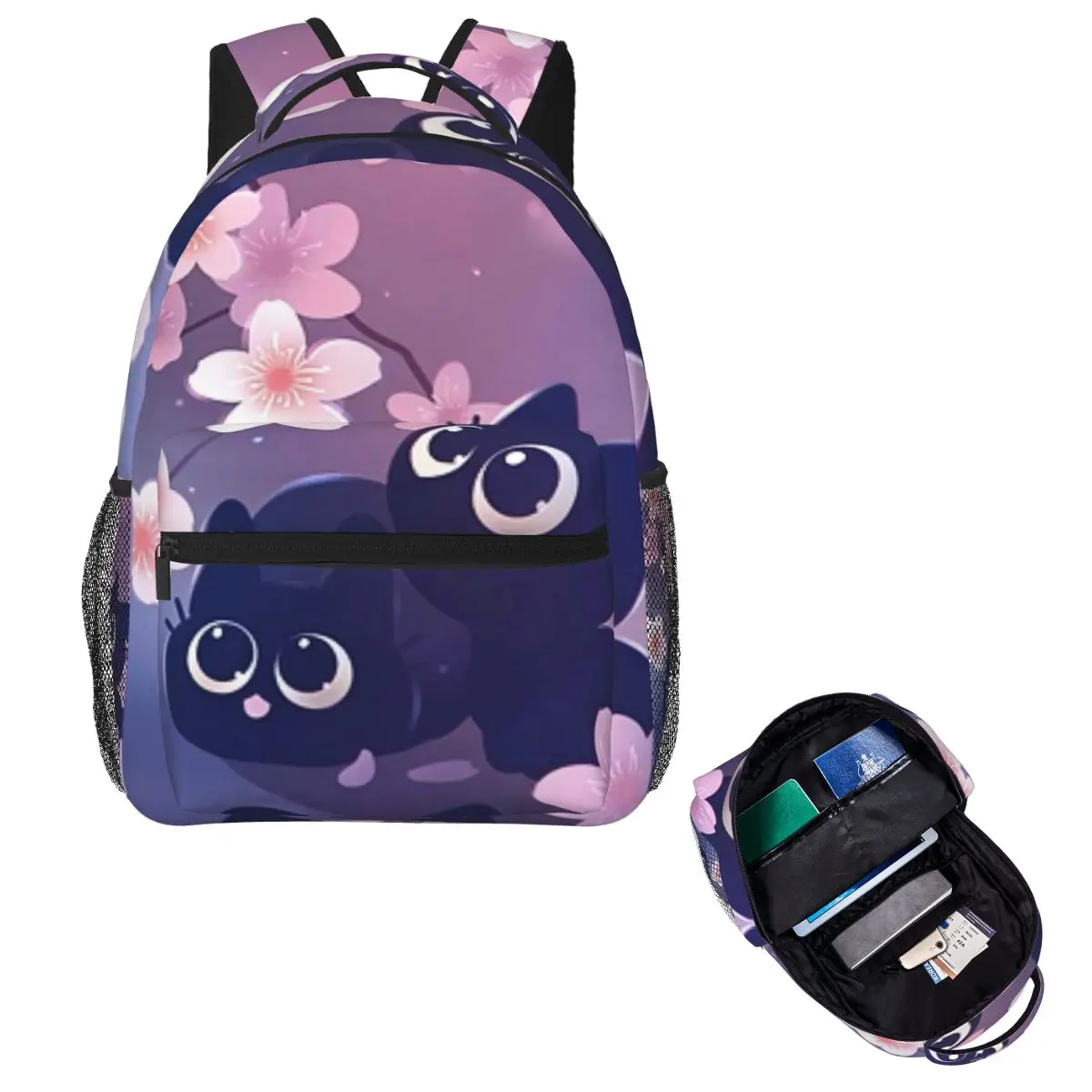 Der niedliche Katzen-Rucksack mit rosa Kirschblüten-Motiv, Cartoon-Schulrucksack, Reise-Tagesrucksack für Männer und Frauen, modische Büchertasche, Umhängetasche.