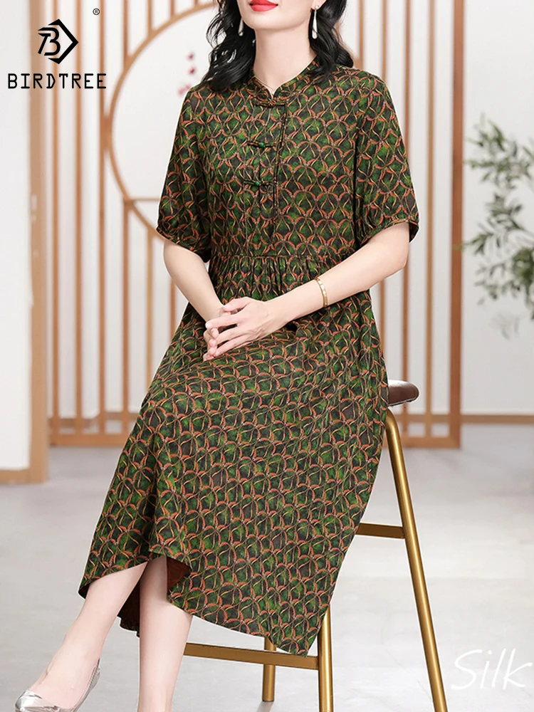 BirdTree 43%Real Silk Plus Size Dresses Women,Stand Neck Short Sleeves Print,Slim Elegant A-line Dress,2024 Spring New D42288QD