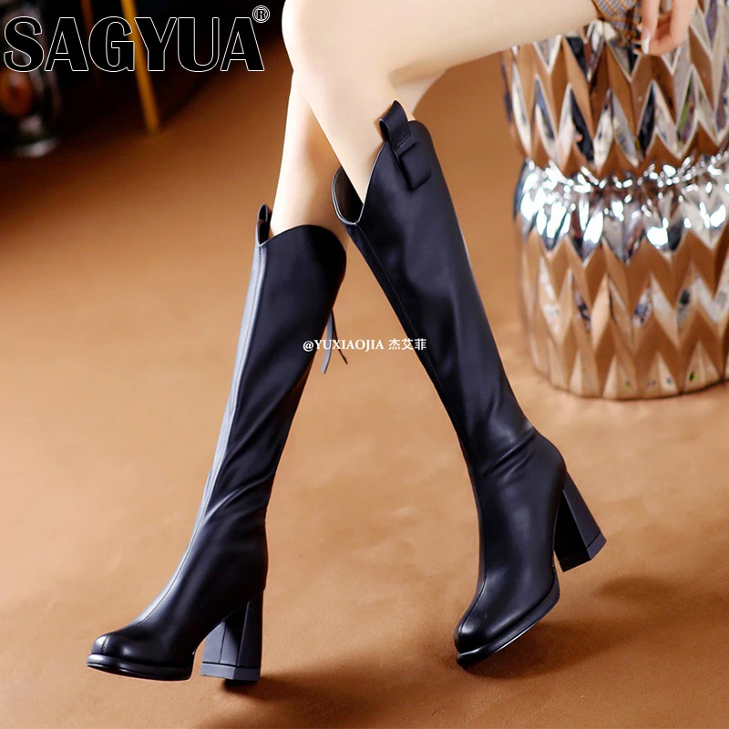 Women Knee High Boots High Heels Leather Shoes Winter 2025 Brand Designer Chunky Boots Goth Pumps New Chelsea Snow Botas Mujer