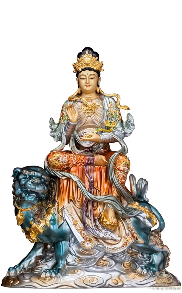 Pure copper Manjushri Bodhisattva Buddha statue with painted Huayan Three Saints, left and right protectors, lion riding
