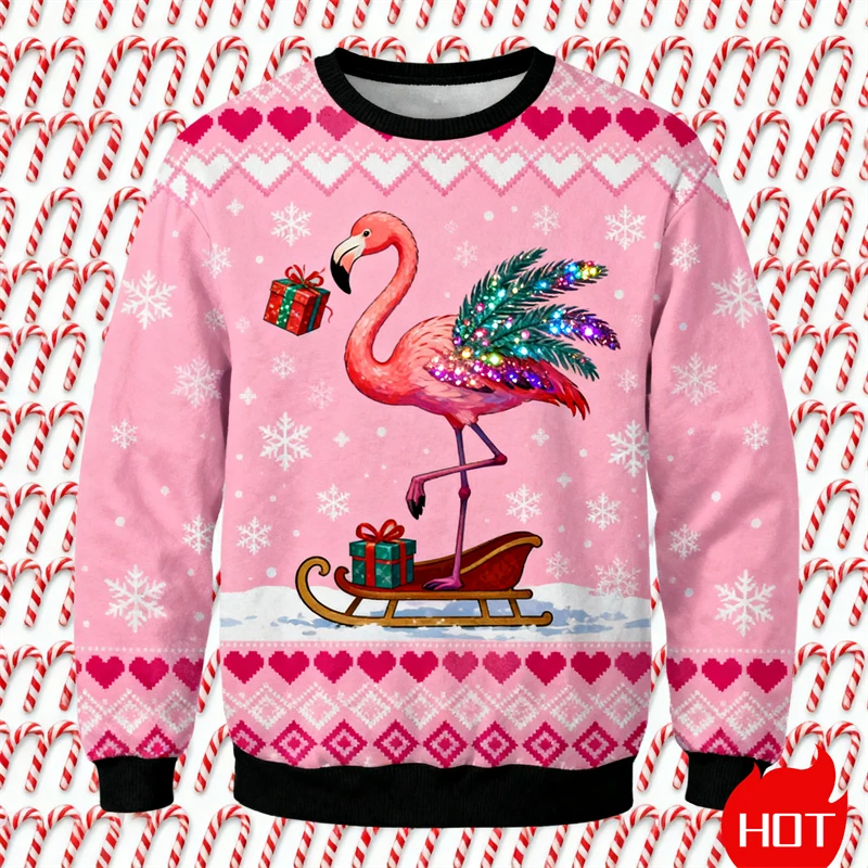 

Новый уродливый рождественский свитер с 3D принтом фламинго для женщин и мужчин, модный розовый рождественский свитшот, Рождественский подарок, зимний пуловер