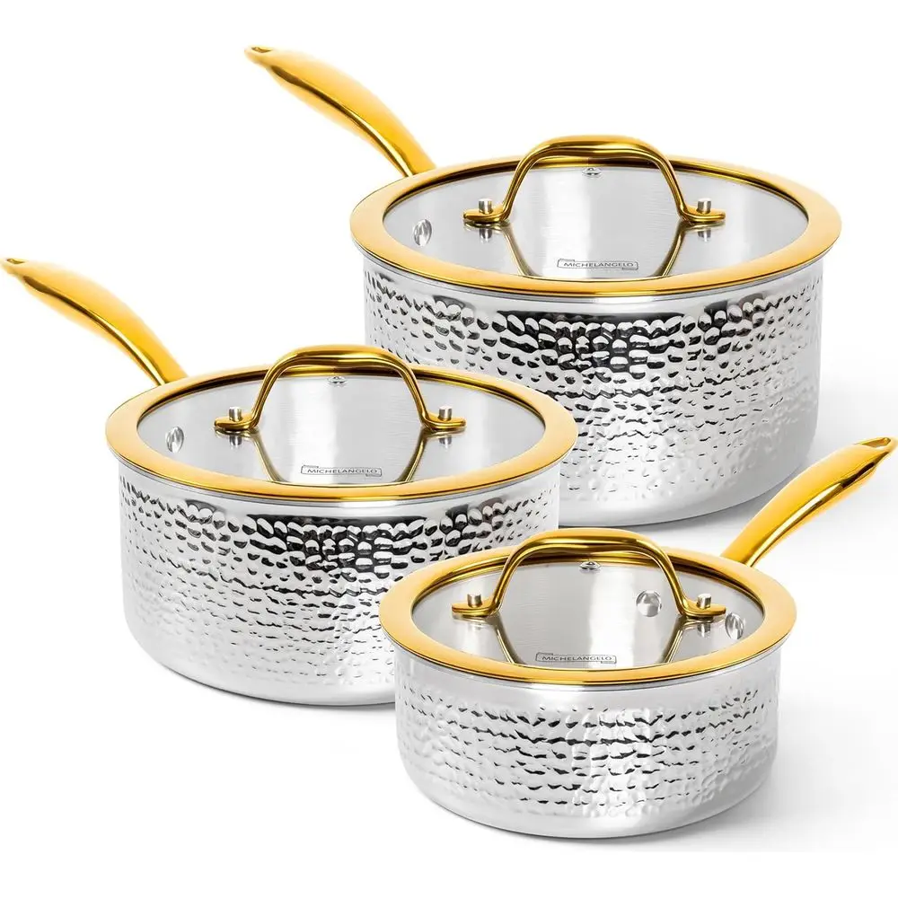 

Triply StainlSteel Sauan Set, Luxury Hammered StainlSteel Sauce Pans with n Handle, Premium Sauce Pot Set, Induction Compatible