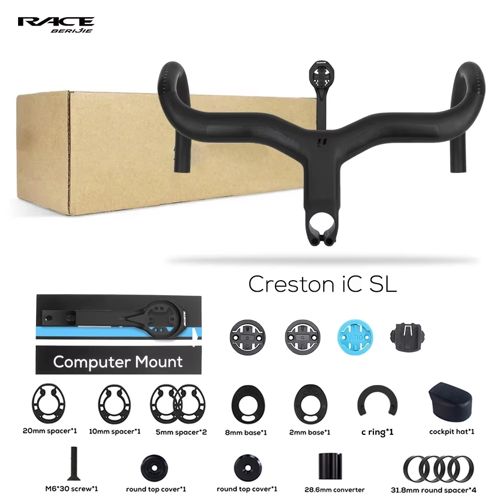 Guidon de vélo de route RACE Creston IC SL Carbon, passage interne des câbles, compatible Di2, noir mat, cockpit intégré avec support, -6 °