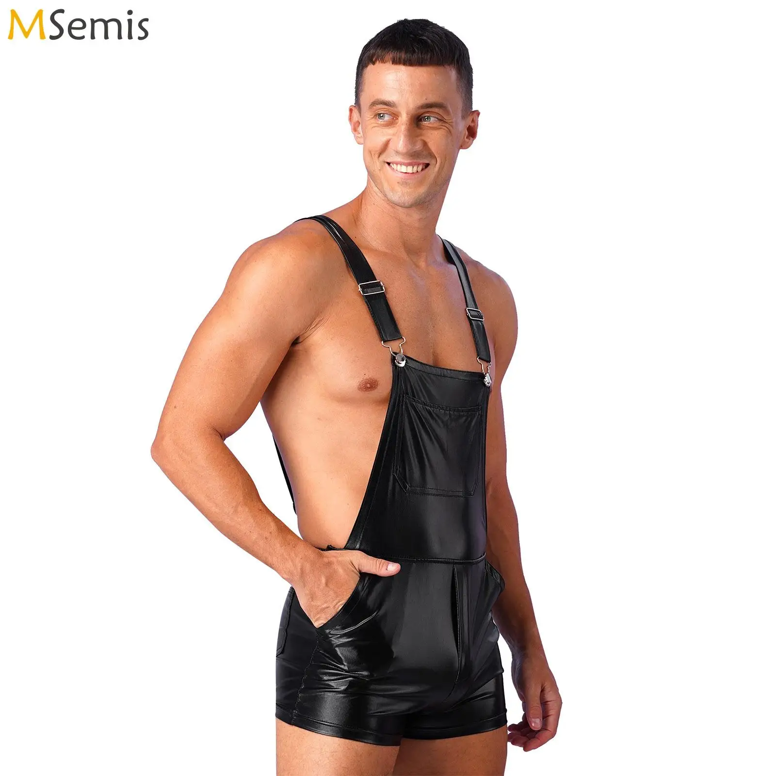 Glänzender metallischer Overall für Herren, Straps-Overall, verstellbare breite Schultergurte, Latzhose, Straps-Strampler, Festival, Clubwear