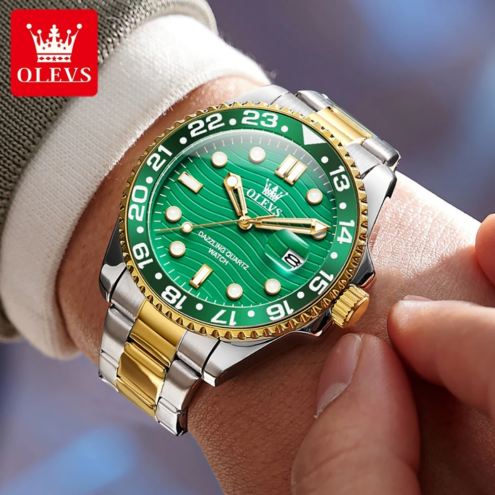 OLEVS Watches For Men Luxury Highend Original Brand Quartz Personalized Steel Strap Nen's Wristwatch Waterproof Green Hand Clock