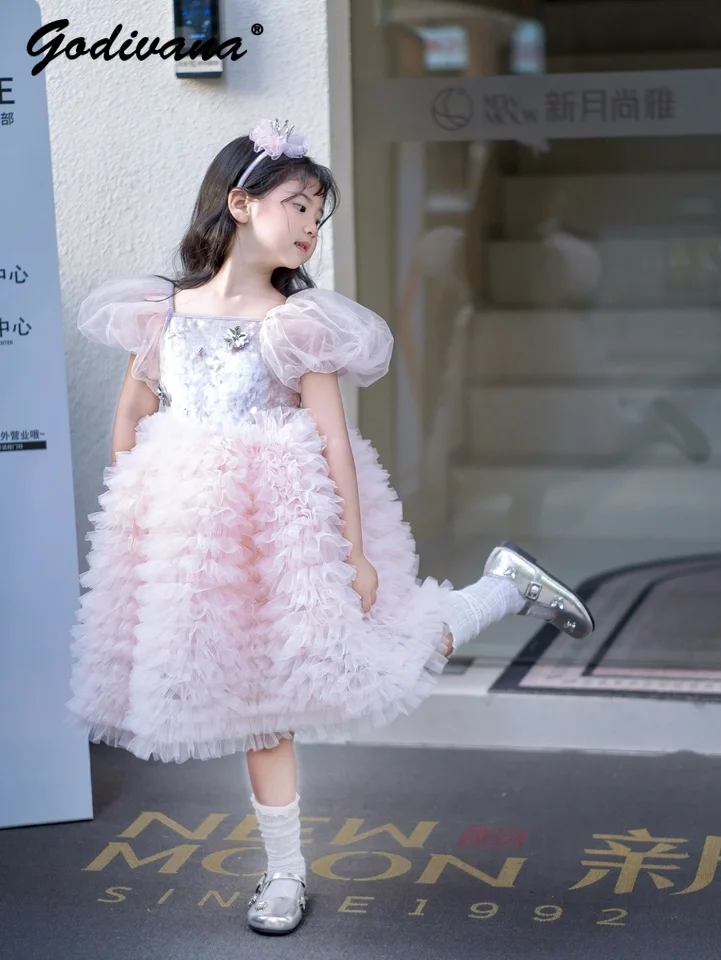 

Sweet Baby Girls 2026 Summer New Fashion Princess Dress Kids Puff Sleeve Sequin Tulle Cake Birthday Party Performance Tutu Dress