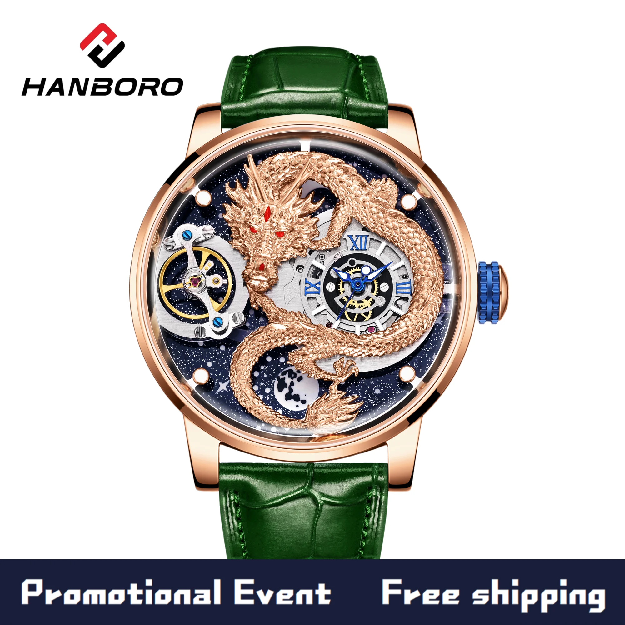 HANBORO Herrenuhr mit Roségold-Drachenskulptur, mechanisches Uhrwerk, Sternenhimmel-Zifferblatt, hohles Schwungrad-Design, Sammlerstück, elegante Uhr 1018