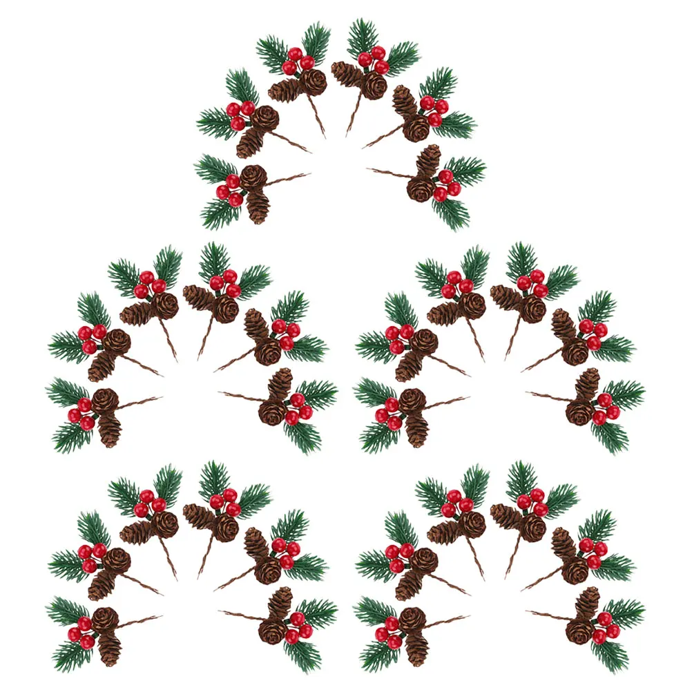 

30pcs Christmas Decorations Artificial Pine Branches Red Berries Pine Cones Realistic Faux Evergreen Stems For Wreaths Trees