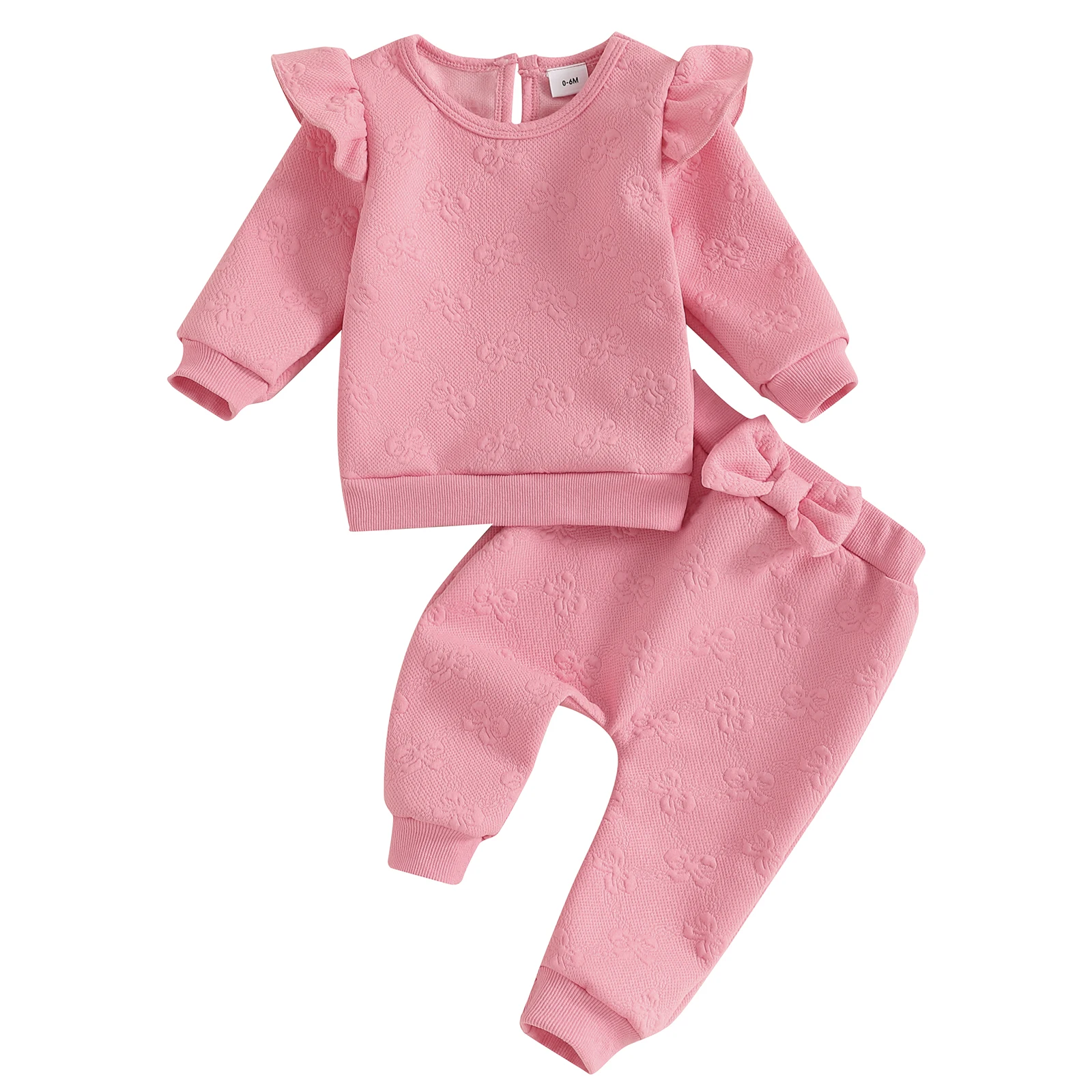 Sweet Toddler Baby Girls Round Neck Long Sleeve Pullover Bow Elastic Waist Casual Pants Autumn Warm Solid Color Jacquard Suit