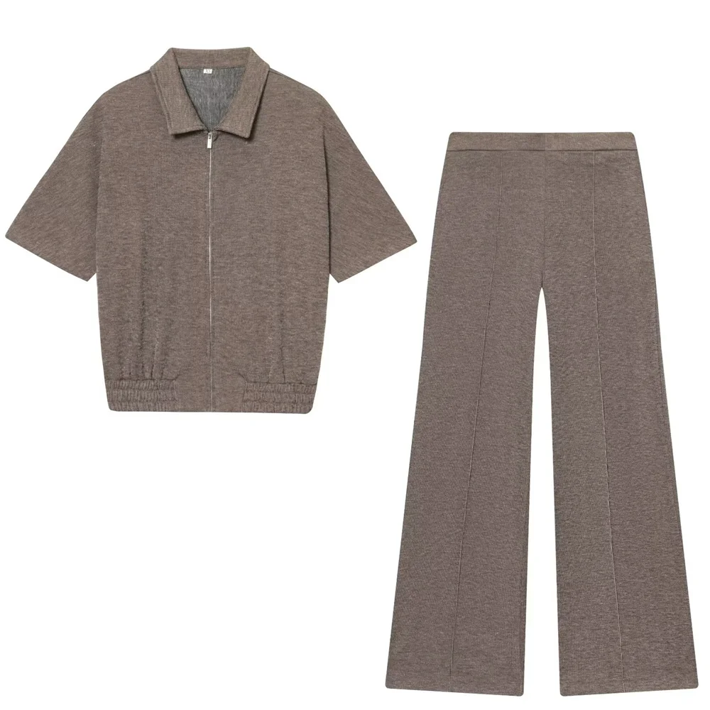 Winter New Women's Fashion Metal Zipper Decoration Flip Collar Short Sleeve Tank Top Mid Waist Soft Wide Leg Pants