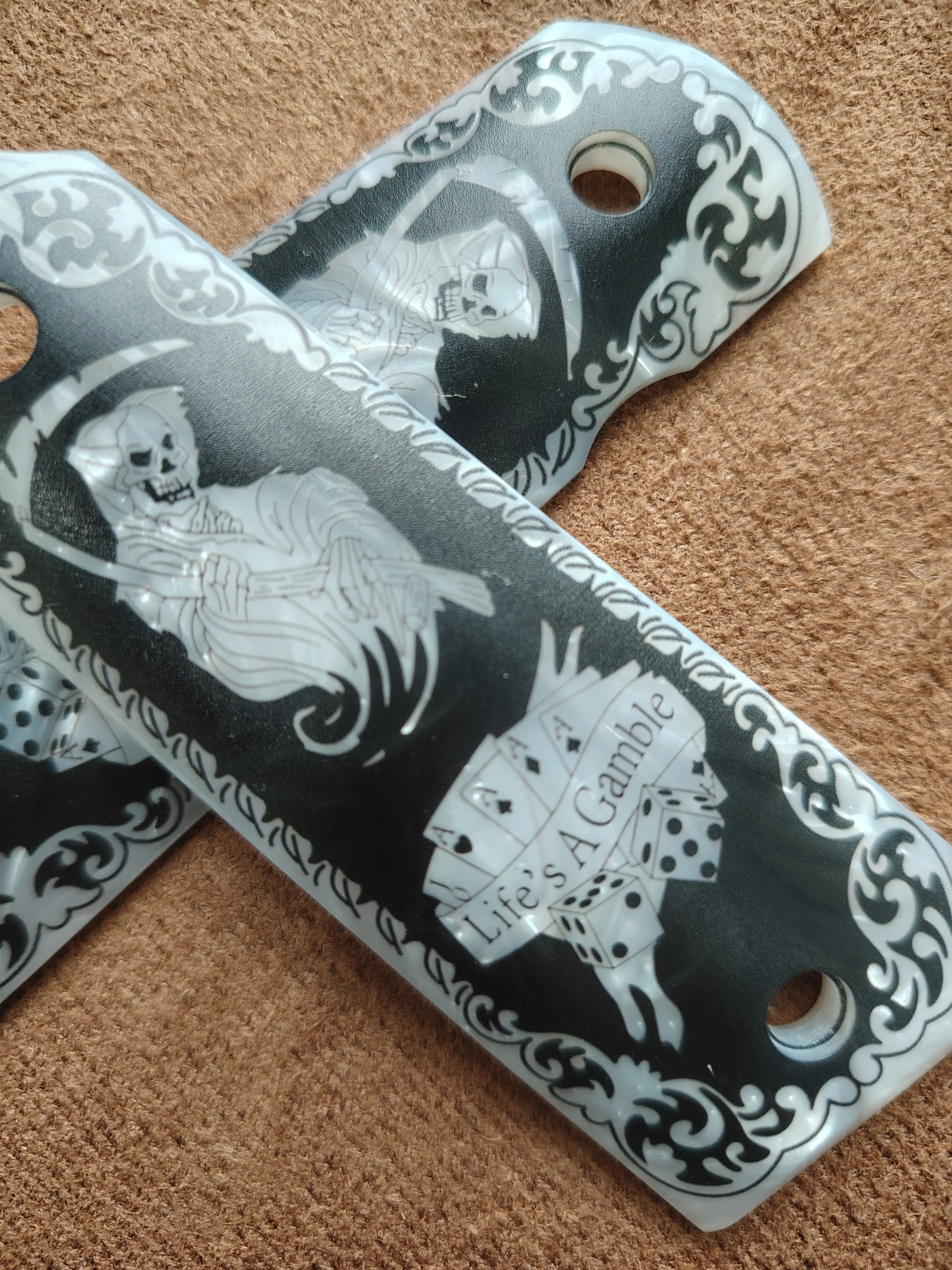 1911 그립스 풀 사이즈, 화이트 펄, 그림 리퍼(사신) 디자인, 콜트, 킴버, 스프링필드, 레밍턴, 록 아일랜드, 거버먼트 커맨더 호환