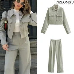 2024 Spring New Product Women's Fashion Casual Flip Collar Short Jacket Coat Wide Leg Long Pants Set